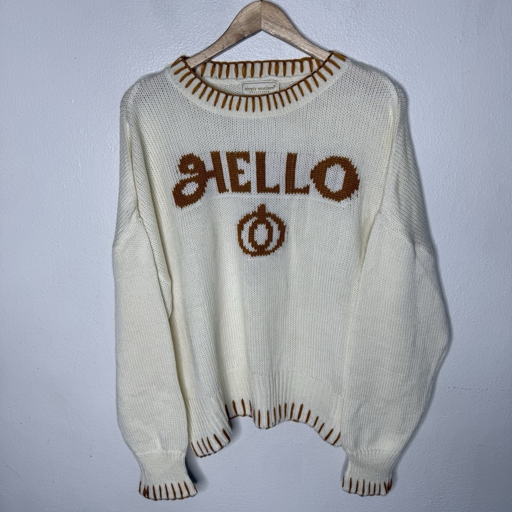 New Simply Southern Imee Hello Fall Pumpkin Knit Sweater Ivory Women's XL